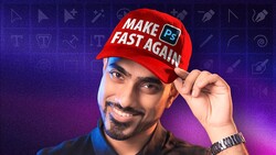Man wearing red cap with Photoshop logo adjusting hat brim against purple gradient background.