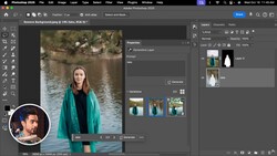 Screenshot of Photoshop 2025 showing portrait editing with generative fill variations panel open.
