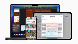 Screenshot showing multiple Apple devices displaying design and productivity applications.