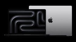 Product rendering of a MacBook Pro laptop displayed at an angle against a black background.