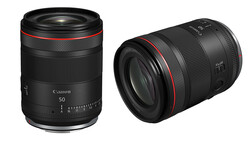 Two Canon RF-mount prime lenses with black barrels and red accent rings displayed against a white background.