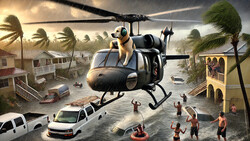 Illustration of a helicopter rescue operation during a hurricane, with people in floodwaters and destroyed homes.