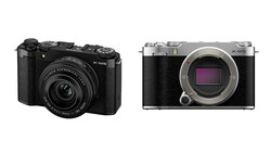Two mirrorless cameras displayed side by side, one with attached lens on the left, one showing sensor and mount on the right.