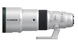 Illustration of a Fujinon telephoto lens with white barrel, focus ring, and gray tripod collar.