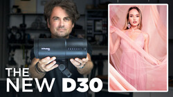 Photographer holding a Profoto D30 flash unit with product comparison image on right.