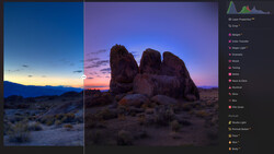 Desert landscape at dusk with three large rock formations under purple and blue sky, shown in before and after editing comparison.
