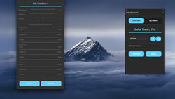 Screenshot of AIC Control and Color Theory Pro editing panels overlaid on a snowy mountain landscape.