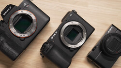 Three Sony mirrorless camera bodies arranged side by side, displaying their sensor mounts and varying sizes.