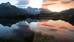 Alpine lake reflects jagged mountain peaks under split sky with cool and warm lighting.