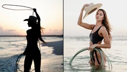Side-by-side beach portraits showing silhouetted figure with lasso at sunset and woman in hat holding coiled rope in shallow water.