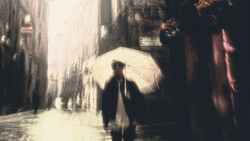 Figure holding white umbrella walking alone down a narrow, wet urban street.