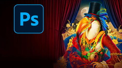 Adobe Photoshop logo next to an ornate illustration of a figure in elaborate costume and top hat.