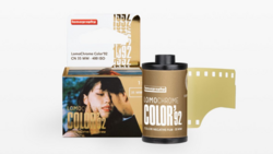 Lomochrome Color film product display with box, canister, and film strip mockup.