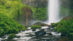 Waterfall cascading into a rocky stream surrounded by moss-covered boulders and lush green forest.