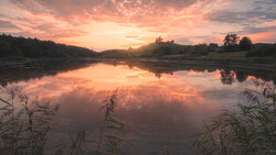 Mirror-like lake at sunrise reflects golden-orange clouds and treeline in still water.