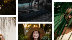 Photography portfolio grid displaying diverse portraits and lifestyle images with varied lighting and color grading.
