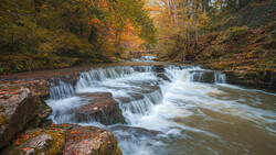 Cascading waterfall flowing through a forested stream surrounded by autumn foliage.