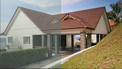 Before and after comparison of a residential home renovation showing the original white house with gray roof on the left and the redesigned version with terracotta tile roof on the right.