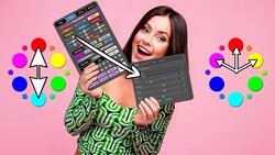 Illustration of a woman holding a digital drawing tablet and stylus against a pink background.