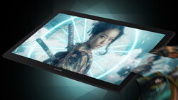 Digital tablet displaying a composite image of a person's face with architectural elements and glowing light effects.