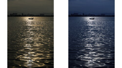 Side-by-side comparison of the same waterscape scene with different color grading treatments.