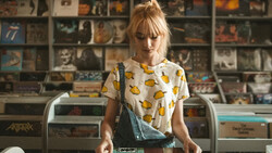 Woman wearing a taco-print t-shirt standing in front of a record store display wall.