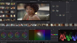 Screenshot of professional video editing software showing color grading interface with waveform monitors and a portrait of a woman.