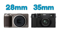 Comparison of two compact cameras with 28mm and 35mm fixed focal length lenses side by side.