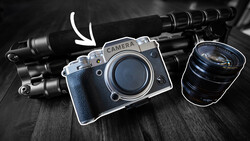 Illustration of a vintage rangefinder camera with blue leather grip, surrounded by professional cinema lenses and microphone equipment.