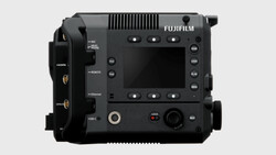 Back panel of a Fujifilm cinema camera showing ports, connectors, and control buttons.