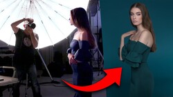 Photography studio setup showing behind-the-scenes lighting and subject positioning with professional off-camera flash.