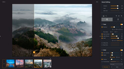 Screenshot of photo editing software showing a misty mountain landscape with editing panels open on the right side.