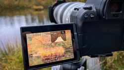 External monitor displaying video footage with grid overlay and exposure information mounted on professional video camera beside water landscape.