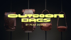 Graphic design showcasing four brown leather outdoor bags suspended against a dark background with bright yellow text overlay.