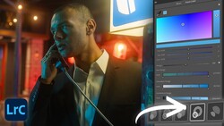 Man in suit speaking into microphone with warm studio lighting, split-screen showing Lightroom color grading interface.