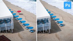 Before and after comparison showing removal of a red umbrella from a beach scene with blue umbrellas and a lifeguard station.