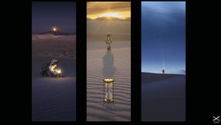 Three vertical panels showing desert landscapes at dusk with illuminated objects casting long shadows on sand dunes.