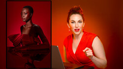 Two portrait studio photographs with monochromatic background lighting and dramatic side-angle composition.