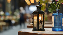 Black metal lantern with lit candle on wooden surface, flanked by blue glass bottle, with blurred bokeh lights in background.
