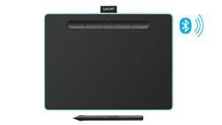 Wacom drawing tablet with stylus and Bluetooth connectivity indicator.