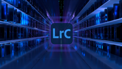 Graphic illustration of LrC logo centered in a futuristic server corridor with blue neon lighting.