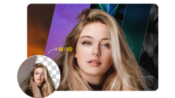 Portrait comparison showing upscaled image resolution with inset reference photo.