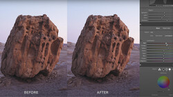 Screenshot showing before and after comparison of a large desert rock formation with Lightroom adjustment panels visible on the right.