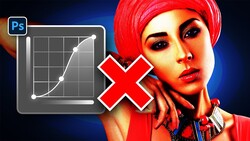 Screenshot of Photoshop curves adjustment dialog with a red X symbol and stylized portrait with red headwrap.