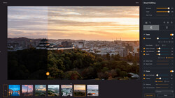 Screenshot of Smart Editing interface showing sunset cityscape photo with adjustment panels on right side.