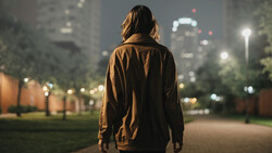 Person in brown jacket walking away from camera through park at night with city skyline in background.