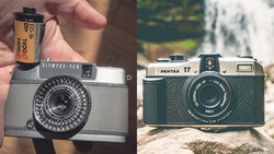 Two vintage film cameras displayed side by side with expired film stock held above the left camera.