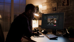 Video editor reviewing footage on a monitor in a dimly lit workspace at night.