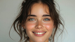 Young woman with dark hair and blue eyes smiling at camera against neutral background.