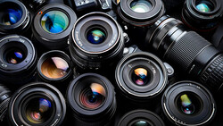 Collection of camera lenses arranged overhead, displaying various focal lengths with colorful glass elements visible through their front elements.
